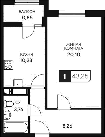 Планировка — Центральный. Гамма, 1-комн., 42 м²