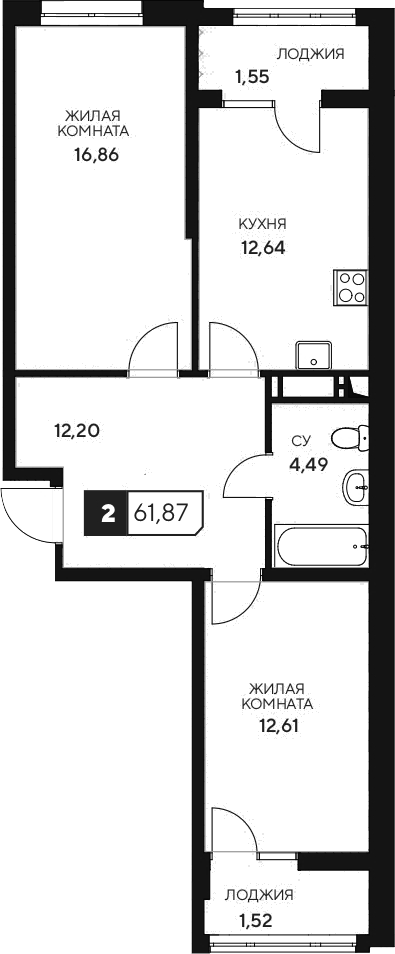 Планировка — Центральный. Гамма, 2-комн., 59 м²