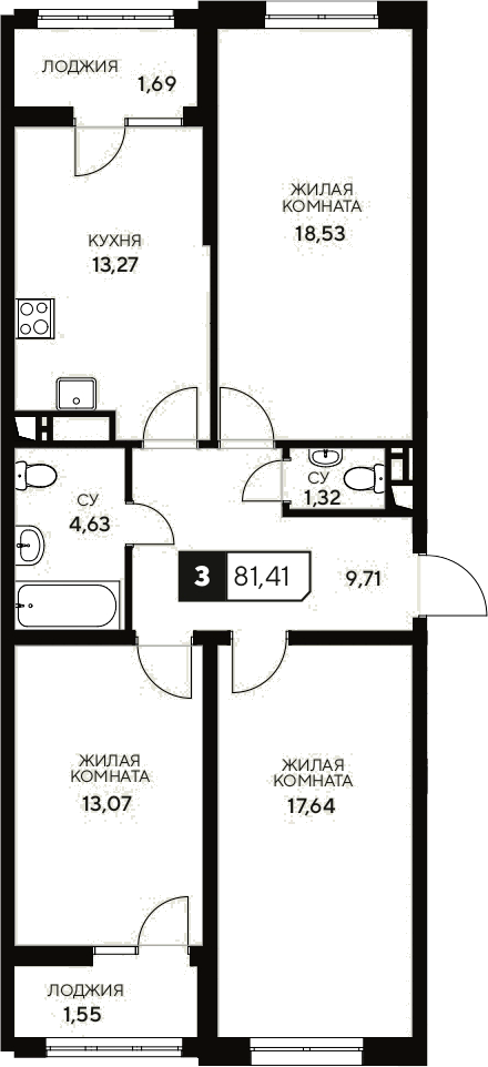 Планировка — Центральный. Гамма, 3-комн., 78 м²