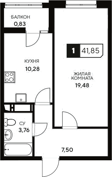 Планировка — Центральный. Гамма, 1-комн., 41 м²