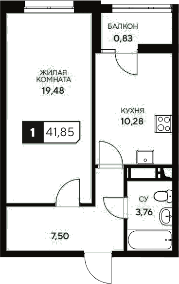 Планировка — Центральный. Гамма, 1-комн., 41 м²