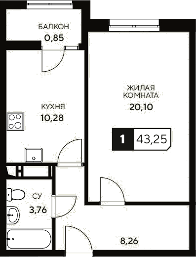 Планировка — Центральный. Гамма, 1-комн., 42 м²