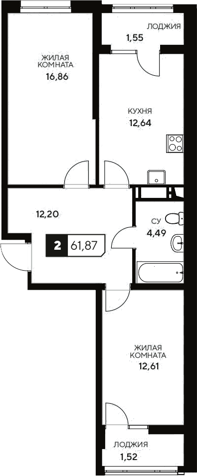 Планировка — Центральный. Гамма, 2-комн., 59 м²