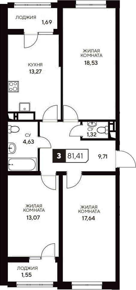 Планировка — Центральный. Гамма, 3-комн., 78 м²