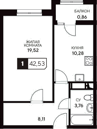 Планировка — Центральный. Гамма, 1-комн., 42 м²
