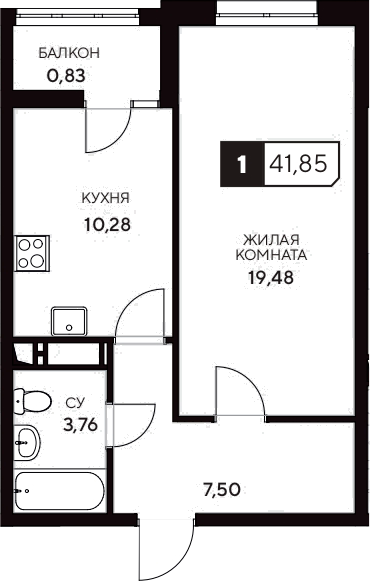 Планировка — Центральный. Гамма, 1-комн., 41 м²