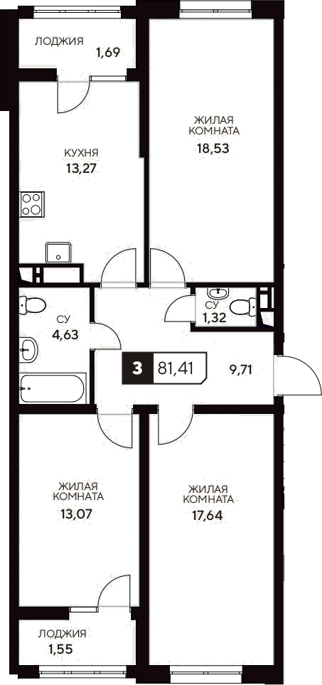 Планировка — Центральный. Гамма, 3-комн., 78 м²