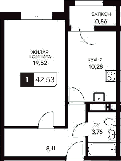 Планировка — Центральный. Гамма, 1-комн., 42 м²