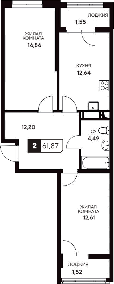 Планировка — Центральный. Гамма, 2-комн., 59 м²