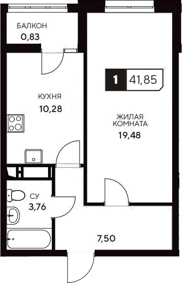 Планировка — Центральный. Гамма, 1-комн., 41 м²