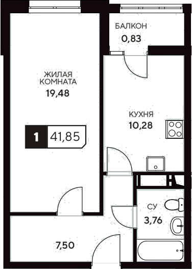 Планировка — Центральный. Гамма, 1-комн., 41 м²