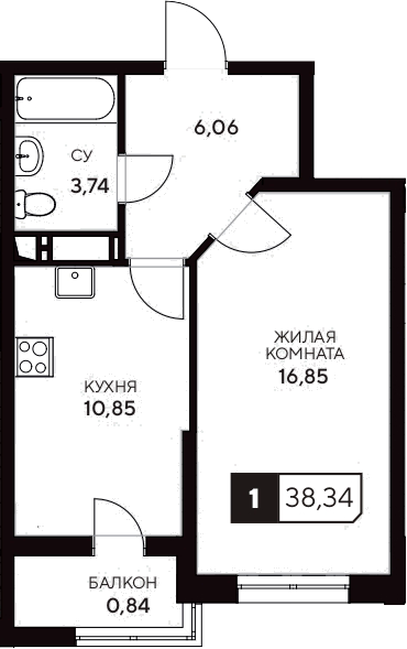 Планировка — Центральный. Гамма, 1-комн., 38 м²
