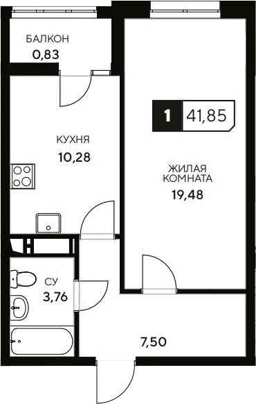 Планировка — Центральный. Гамма, 1-комн., 41 м²