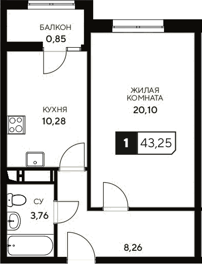 Планировка — Центральный. Гамма, 1-комн., 42 м²