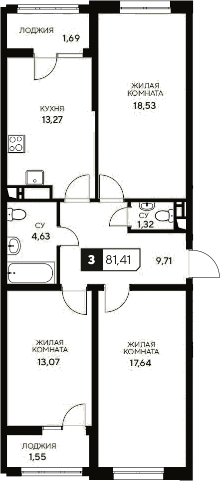 Планировка — Центральный. Гамма, 3-комн., 78 м²