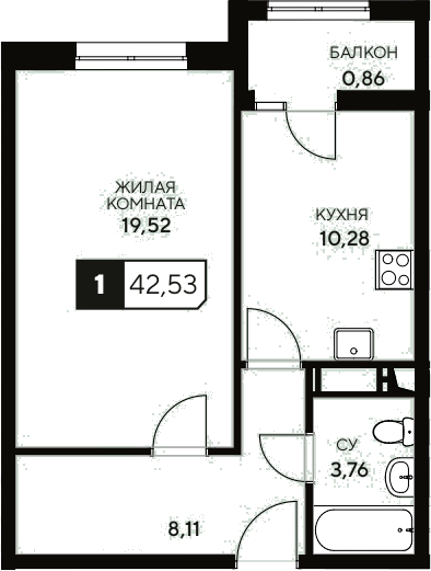 Планировка — Центральный. Гамма, 1-комн., 42 м²
