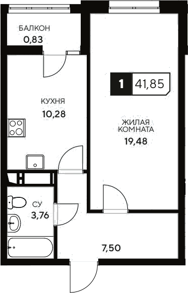 Планировка — Центральный. Гамма, 1-комн., 41 м²