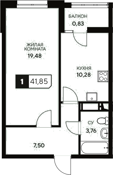 Планировка — Центральный. Гамма, 1-комн., 41 м²