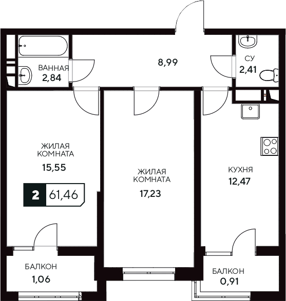Планировка — Центральный. Гамма, 2-комн., 59 м²