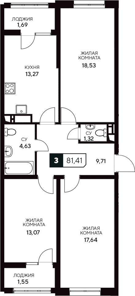 Планировка — Центральный. Гамма, 3-комн., 78 м²