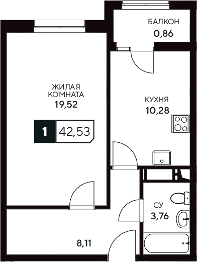 Планировка — Центральный. Гамма, 1-комн., 42 м²