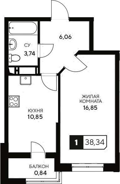 Планировка — Центральный. Гамма, 1-комн., 38 м²