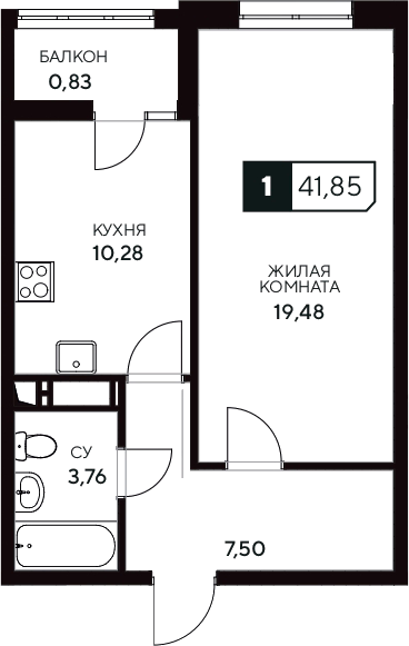 Планировка — Центральный. Гамма, 1-комн., 41 м²