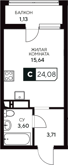 Планировка — Центральный. Гамма, Студия, 23 м²