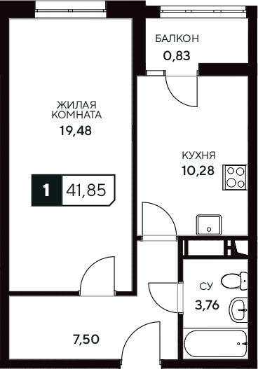 Планировка — Центральный. Гамма, 1-комн., 41 м²