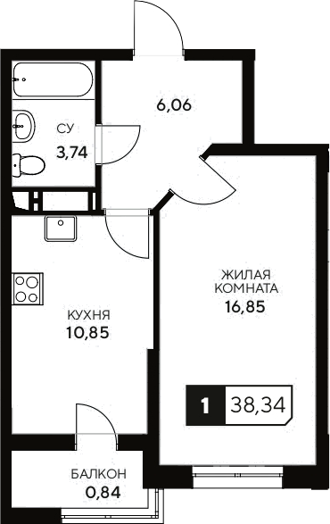 Планировка — Центральный. Гамма, 1-комн., 38 м²