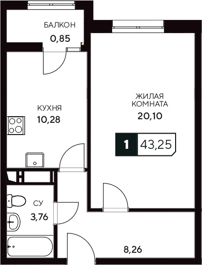Планировка — Центральный. Гамма, 1-комн., 42 м²