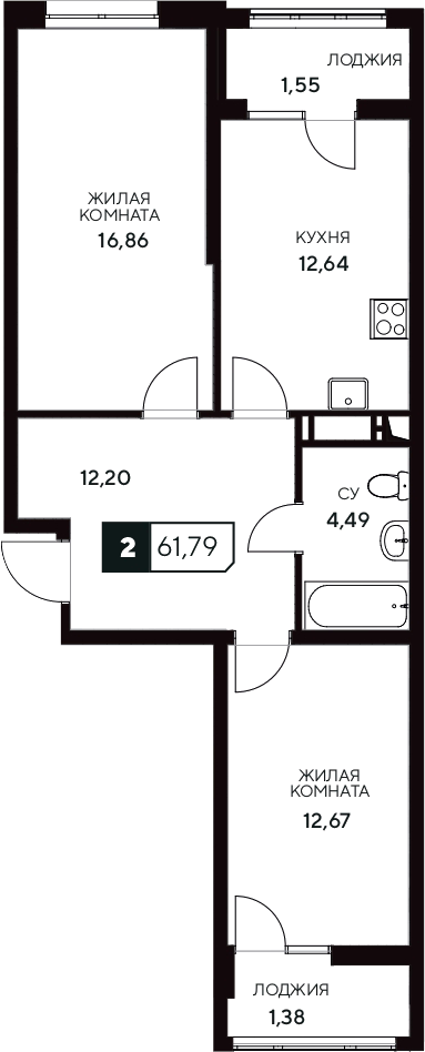 Планировка — Центральный. Гамма, 2-комн., 59 м²