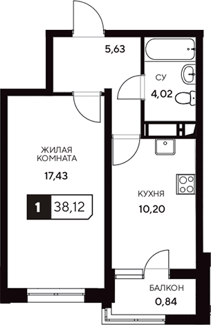 Планировка — Центральный. Гамма, 1-комн., 37 м²