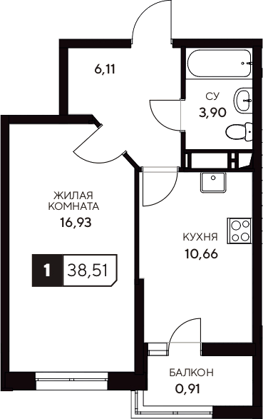 Планировка — Центральный. Гамма, 1-комн., 38 м²