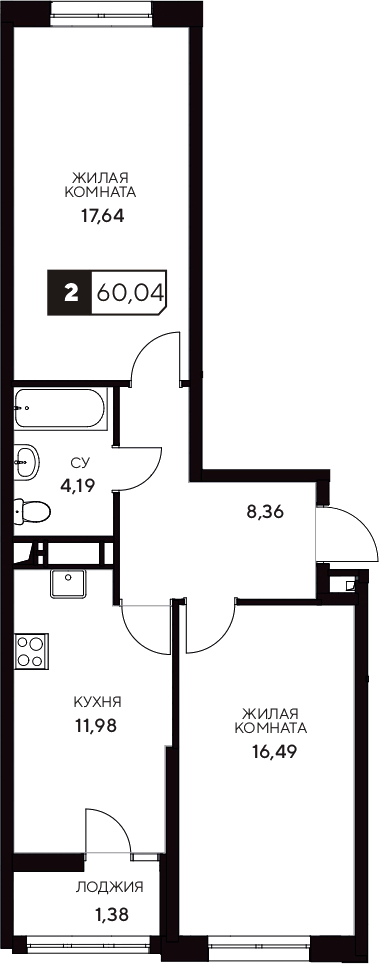 Планировка — Центральный. Гамма, 2-комн., 59 м²