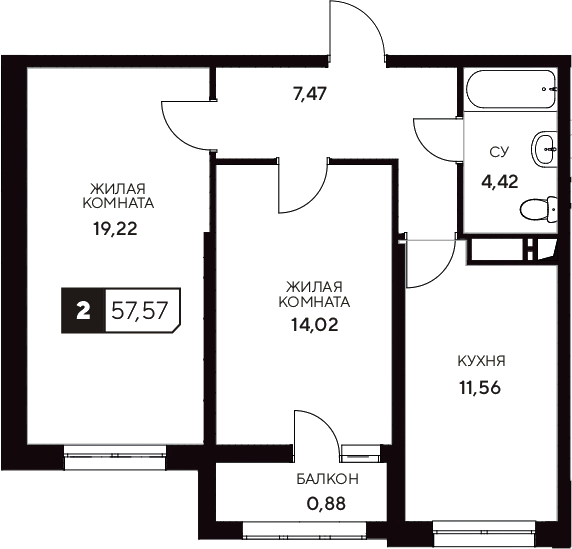 Планировка — Центральный. Гамма, 2-комн., 57 м²