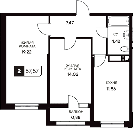 Планировка — Центральный. Гамма, 2-комн., 57 м²