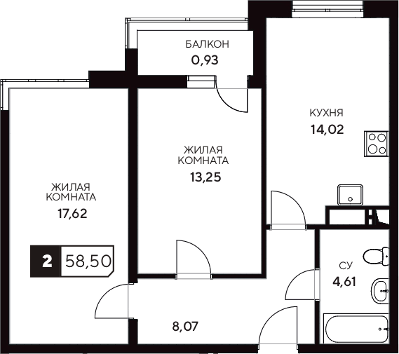 Планировка — Центральный. Гамма, 2-комн., 58 м²