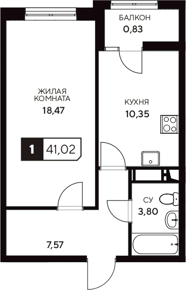 Планировка — Центральный. Гамма, 1-комн., 40 м²