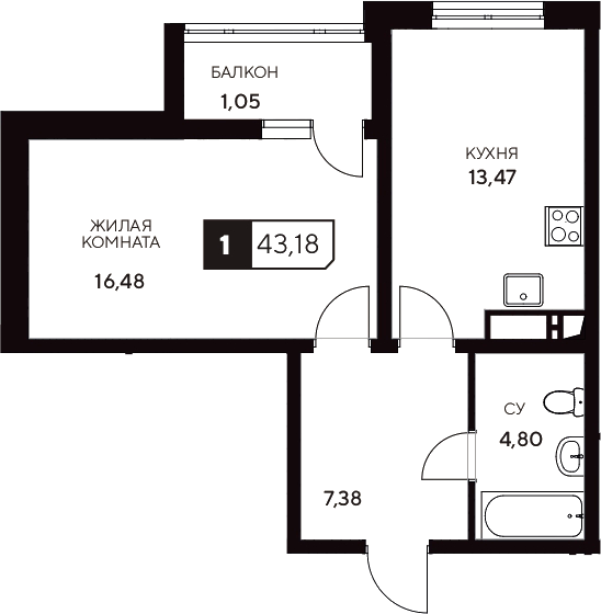 Планировка — Центральный. Гамма, 1-комн., 42 м²