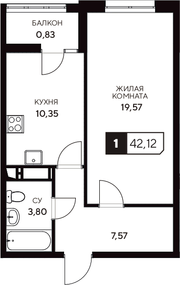 Планировка — Центральный. Гамма, 1-комн., 41 м²