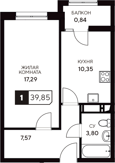 Планировка — Центральный. Гамма, 1-комн., 39 м²