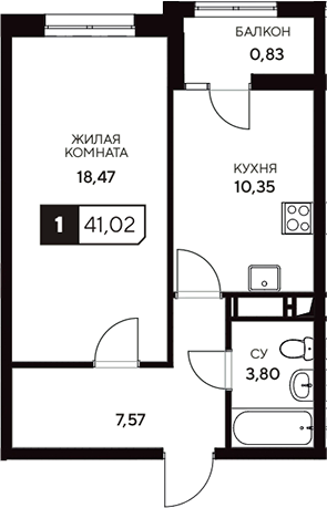 Планировка — Центральный. Гамма, 1-комн., 40 м²