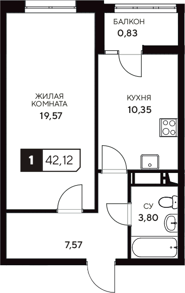 Планировка — Центральный. Гамма, 1-комн., 41 м²
