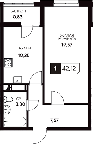 Планировка — Центральный. Гамма, 1-комн., 41 м²