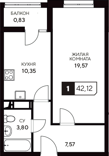 Планировка — Центральный. Гамма, 1-комн., 41 м²