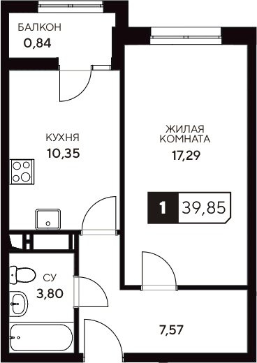 Планировка — Центральный. Гамма, 1-комн., 39 м²