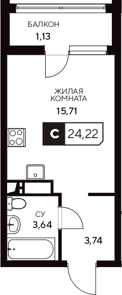 Планировка — Центральный. Гамма, Студия, 23 м²