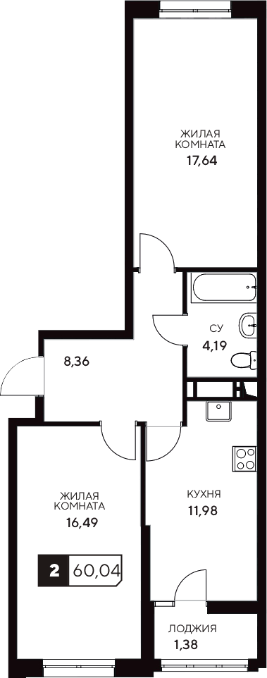Планировка — Центральный. Гамма, 2-комн., 59 м²