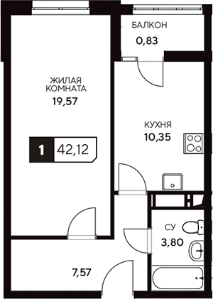 Планировка — Центральный. Гамма, 1-комн., 41 м²